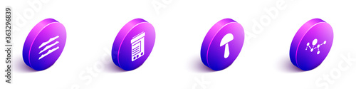 Set Isometric Cocaine or heroin drug, Medicine bottle and pills, Psilocybin mushroom and Cannabis molecule icon. Vector.