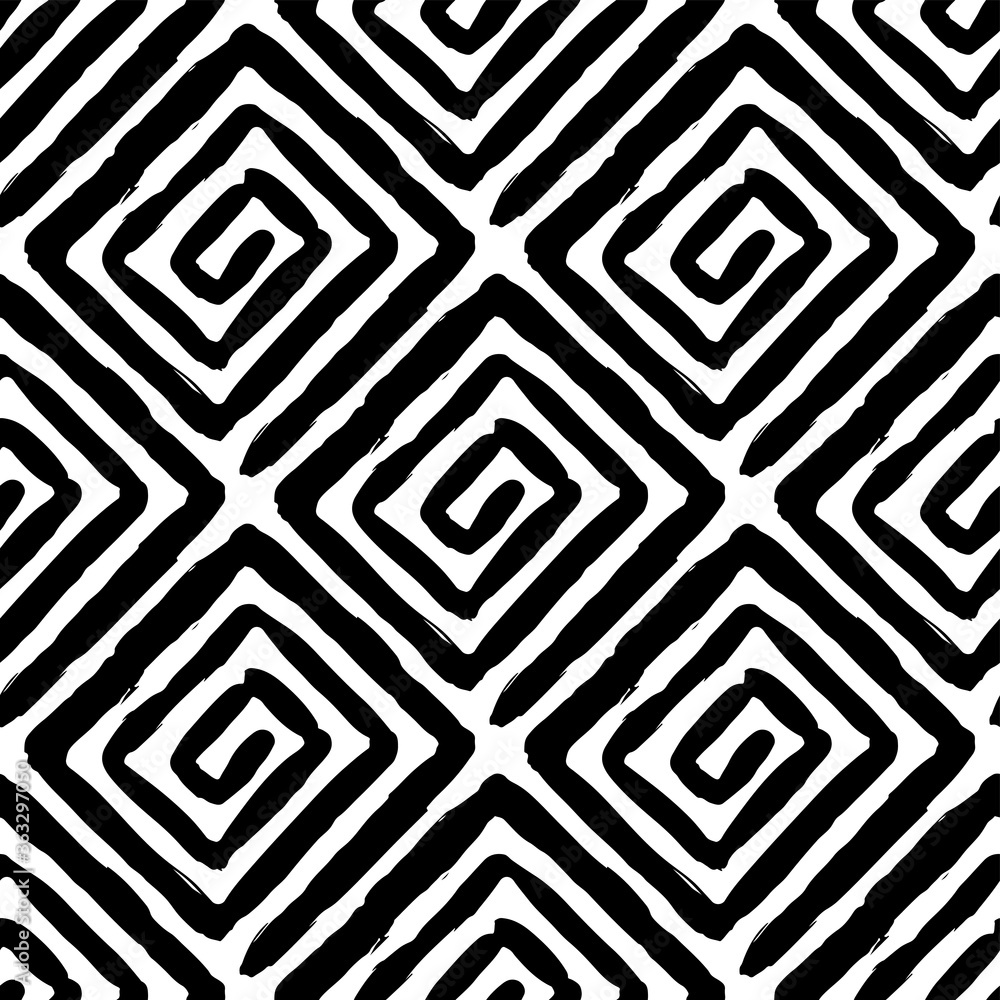Black spiral squares and rhombuses isolated on white background. Monochrome linear geometric seamless pattern. Hand drawn vector flat graphic illustration. Texture. Black spiral squares and rhombuses isolated on white background. Monochrome linear geometric seamless pattern. Hand drawn vector flat graphic illustration. Texture.