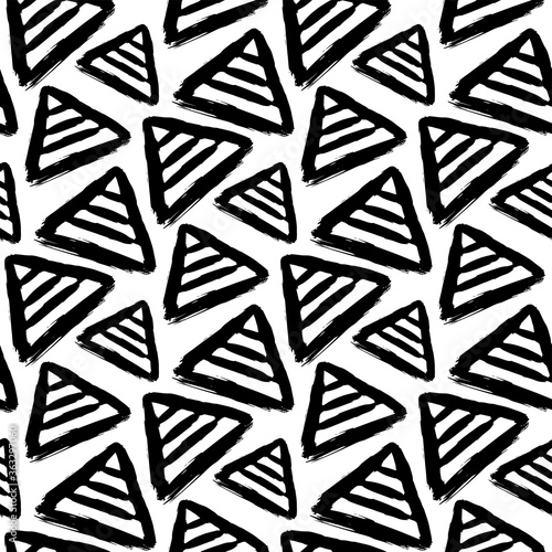 Black striped triangles isolated on white background. Monochrome geometric seamless pattern. Hand drawn vector flat graphic illustration. Texture.