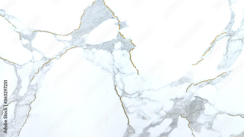 White cold marble polished stone texture with golden veins pattern for design background. Close-up.  - obrazy, fototapety, plakaty 
