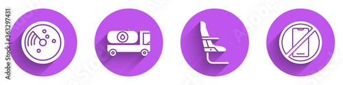 Set Radar with targets on monitor, Fuel tanker truck, Airplane seat and No cell phone icon with long shadow. Vector.