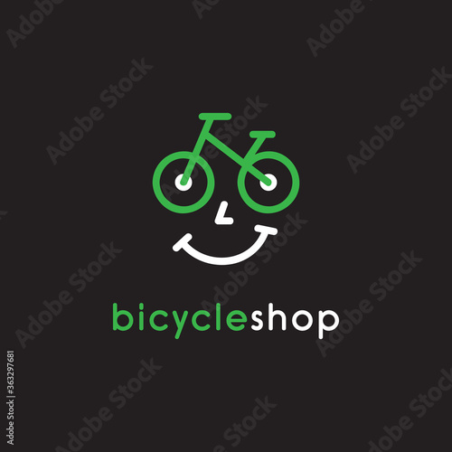 Bicycle shop vector illustration icon. Bike rental, service or store logo with smiley face. Isolated.