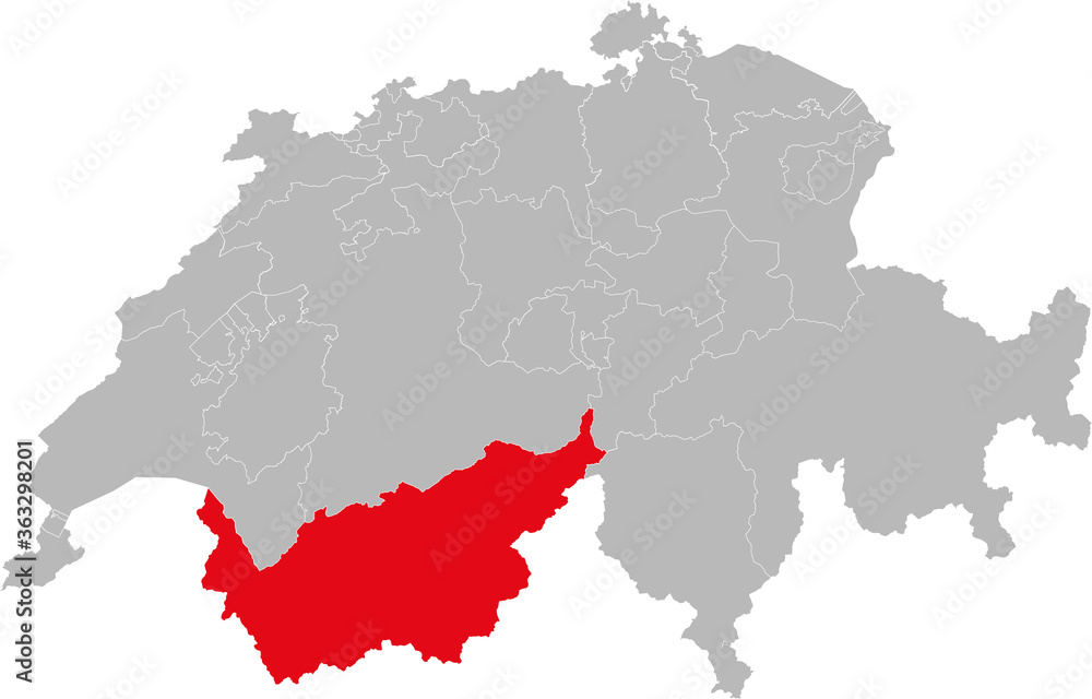 Valais canton isolated on Switzerland map. Gray background. Backgrounds and Wallpapers.