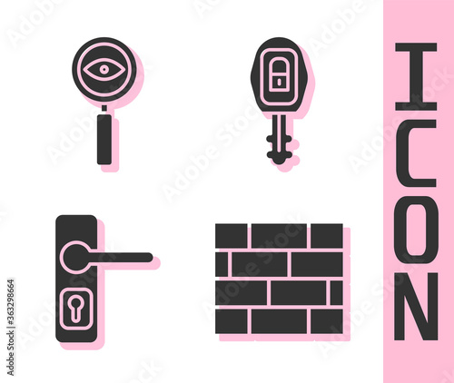 Set Bricks, Magnifying glass Search, Door handle and Car key with remote icon. Vector.