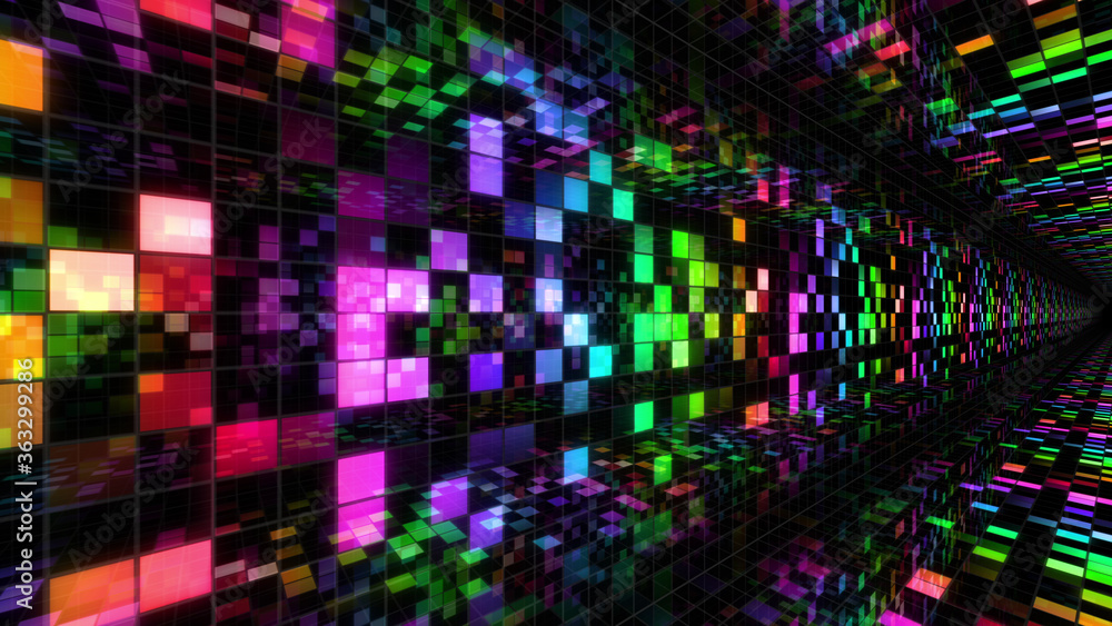 Disco Dance Tunnel illumination Square Light Panel abstract 3D illustration background.