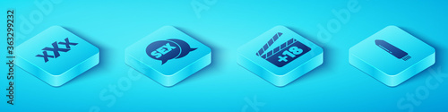 Set Isometric Sex shop, Speech bubble with Sex, Dildo vibrator and Movie clapper with 18 plus content icon. Vector.