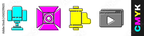 Set Director movie chair, Movie spotlight, Camera vintage film roll cartridge and Online play video icon. Vector.