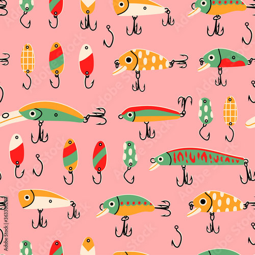 Various Fishing Lures. Different Spoons, Wobblers: crank, popper and minnow. Hand drawn colored Vector illustration. Seamless pattern. Background, wallpaper. Square repeating design. Pink background