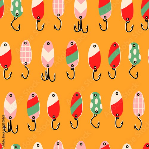 Various Fishing Lures. Different Spoons with ornaments. Hand drawn colored Vector illustration. Seamless pattern. Background, wallpaper. Square repeating design. Yellow background