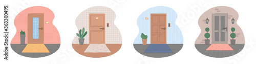 Entrance door illustration set. Metal, wooden, plastic, glass doors with doormats and accessories - potted plants, wall lanterns, bell, plate, mail slot. Vector flat  line style