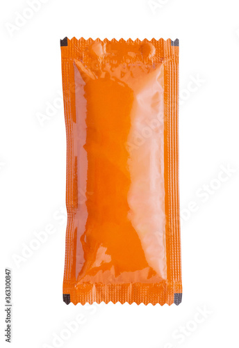 Photography chilli sauce sachet package isolated on white background
