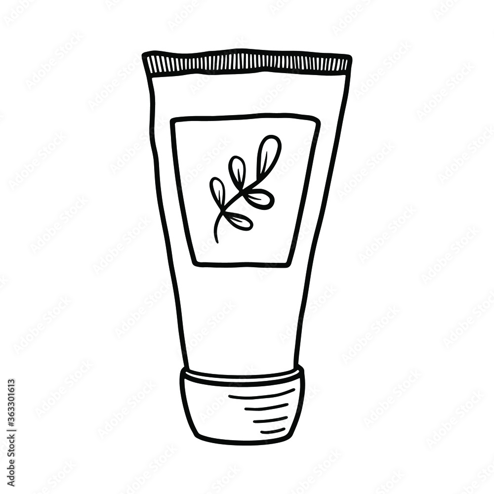 A tube of cream decorated with a label with a sprig on a white background. Black and white vector illustration of tube with hand cream. Hand drawn illustration for your design. A tube of cream decorated with a label with a sprig on a white background. Black and white vector illustration of tube with hand cream. Hand drawn illustration for your design.