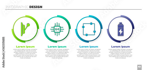 Set Electrical panel, Processor with microcircuits CPU, Electric circuit scheme and Battery. Business infographic template. Vector.