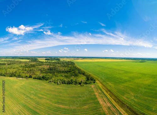 Rural landscape. Aerial view of the countryside. Arable fields and forest with partly cloudy sky