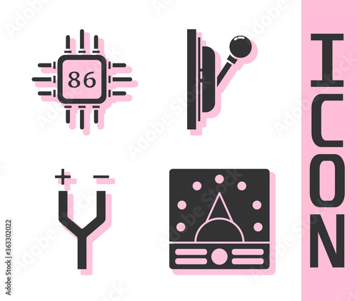Set Ampere meter, multimeter, voltmeter, Processor with microcircuits CPU, Electric cable and Electrical panel icon. Vector.