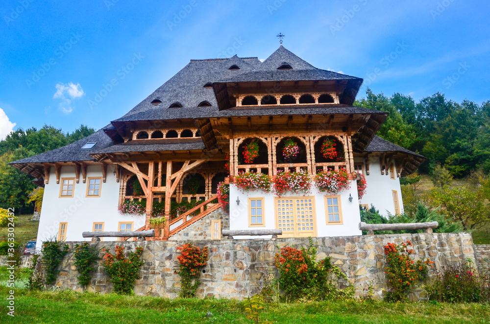 Traditional Maramures wooden architecture of Barsana monastery, Romania