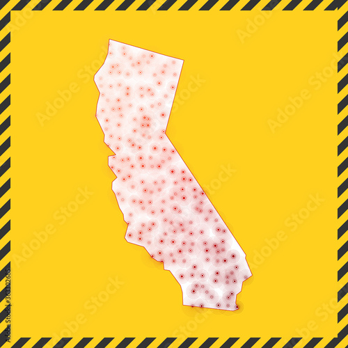 California closed - virus danger sign. Lock down us state icon. Black striped border around map with virus spread concept. Vector illustration.