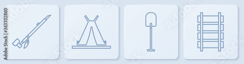 Set line Native American indian smoking pipe, Shovel, Indian teepee or wigwam and Railway, railroad track. White square button. Vector.