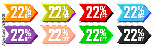 Set Sale 22% off bubble banners, discount tags design template, today offers, vector illustration