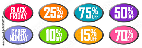 Set Black Friday Sale speech bubbles banners design template, Cyber Monday discount tags, special offers, vector illustration