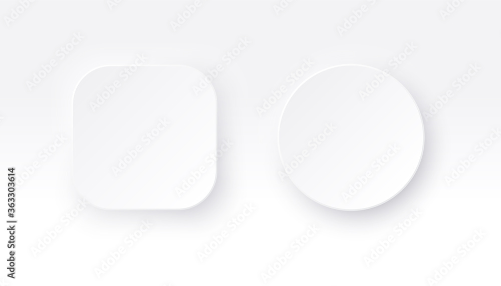 Neumorphic square and round buttons. White geometric shapes in a trendy soft 3D style with shadow. Neumorphic square and round buttons. White geometric shapes in a trendy soft 3D style with shadow.