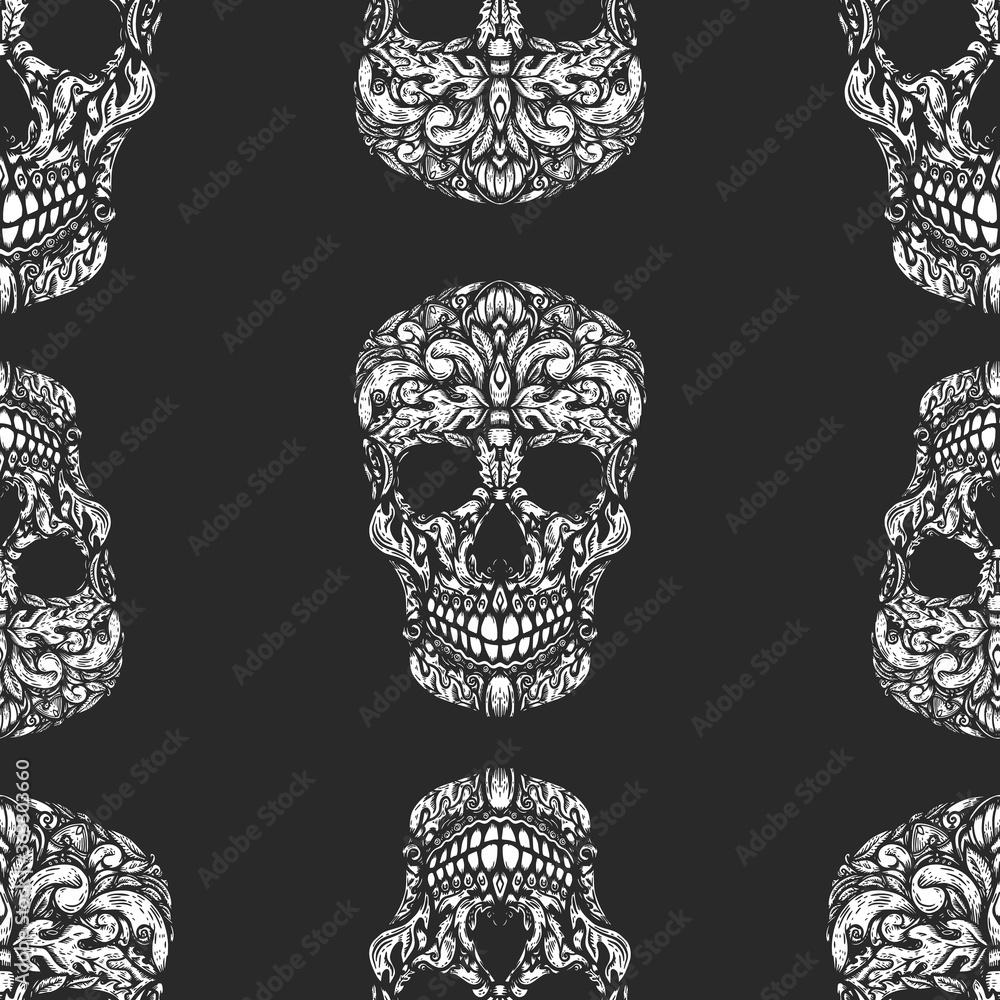 Seamless pattern with sugar skulls. Design element for poster, card, banner, t shirt.