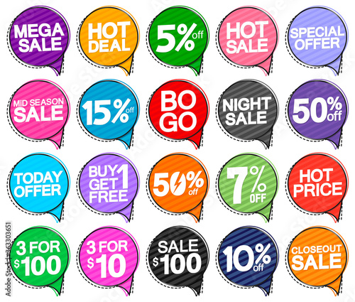 Set Sale speech bubble banners design template, discount tags, great promotion, vector illustration