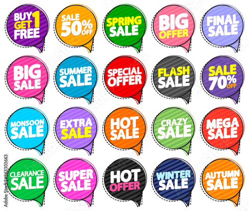 Set Sale speech bubble banners design template, discount tags, great promotion, vector illustration