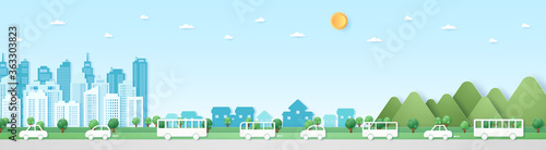 Eco city, Cityscape, Landscape, Building, village and mountain with blue sky and sun, street, road with cars. paper art style
