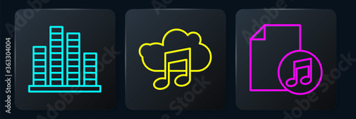 Set line Music equalizer, Music book with note and Music streaming service. Black square button. Vector.