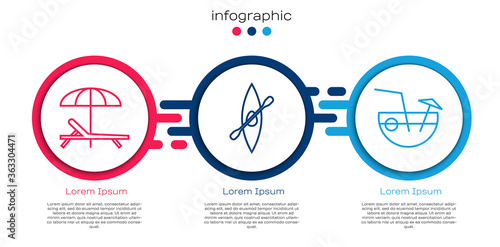 Set line Sunbed and umbrella, Kayak or canoe and paddle and Coconut cocktail. Business infographic template. Vector.