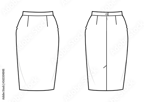 Classic knee-length pencil skirt, back zip clasp. Basic wardrobe essential.