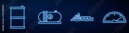 Set line Oil tanker ship, Barrel oil, Oil industrial factory building, Speedometer and Alcohol or spirit burner. Glowing neon icon on brick wall. Vector.
