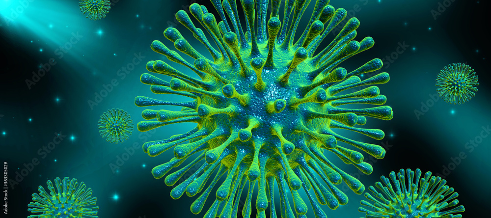 Fototapeta premium 3d render Corona virus disease COVID-19. Microscopic view of a infectious virus