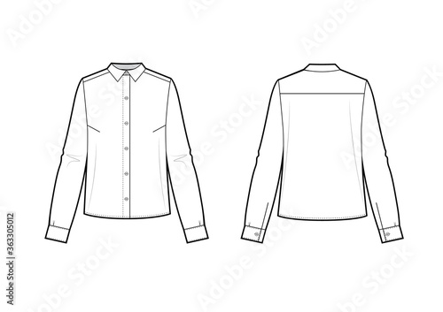 Classic shirt technical fashion illustration with button down front opening, long sleeves with cuff.
