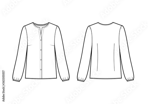 Classic office blouse technical fashion illustration with button down front opening, long sleeves.