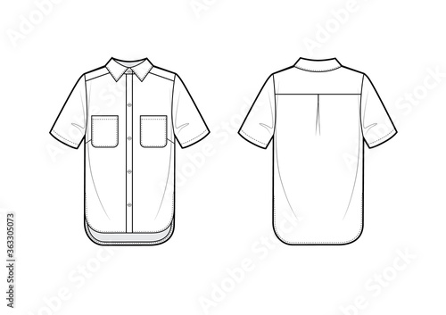 Oversized shirt technical fashion illustration with button down front opening, short sleeves.