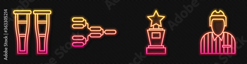 Set line Award cup, Crutch or crutches, Championship tournament bracket and Hockey judge, referee, arbiter. Glowing neon icon. Vector.