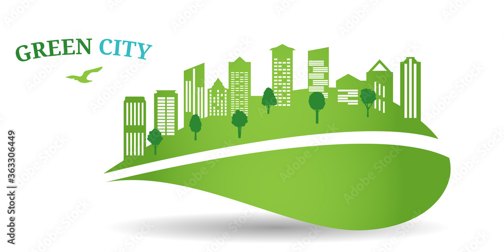 Green city concept. The combination of architecture with nature. Ecological city and environment conservation.