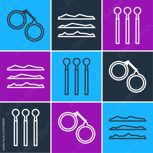 Set line Handcuffs, Matches and Cocaine or heroin drug icon. Vector.