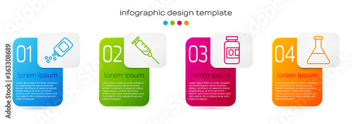 Set line Medicine bottle and pills, Syringe, Medicine bottle and pills and Test tube and flask. Business infographic template. Vector.