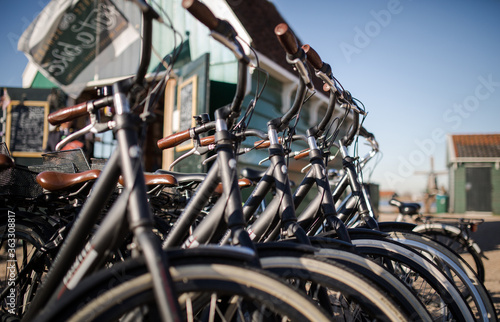 Bicycles parked in line to rent in Zaanse Schans.