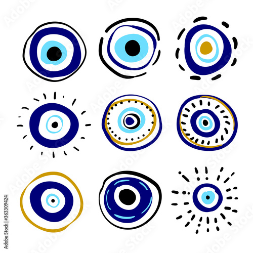 Greek evil eye vector symbol of protection. Amulet icon. Turkish Nazar Boncugu amulet illustration. Believed that it protects against evil eye. Hand drawn collection. Set of blue Turkish eyes photo