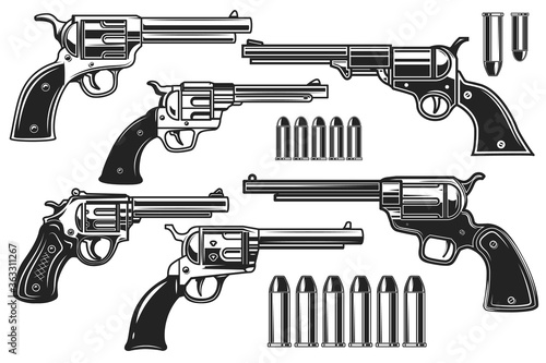 Set of illustrations of revolvers and cartridges. Design element for logo, label, sign, poster, t shirt. Vector illustration