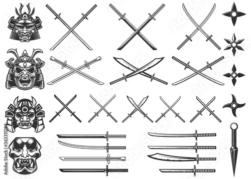Set of illustrations of weapon of samurai and ninja. Design element for logo, label, sign, poster, t shirt. Vector illustration