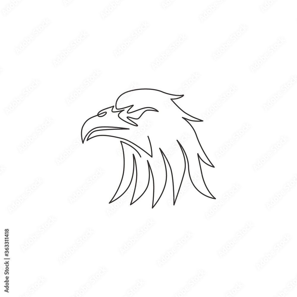 Fototapeta premium Single continuous line drawing of heroic eagle head for e-sport team logo identity. Falcon bird mascot concept for graveyard icon. Modern one line graphic vector draw design illustration