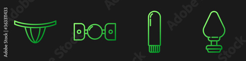 Set line Dildo vibrator, Woman panties, Silicone ball gag with belt and Anal plug. Gradient color icons. Vector.