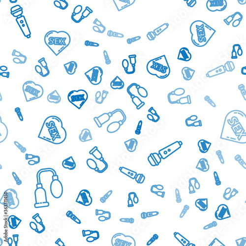 Set line Penis pump, Dildo vibrator and Heart with text Sex on seamless pattern. Vector.