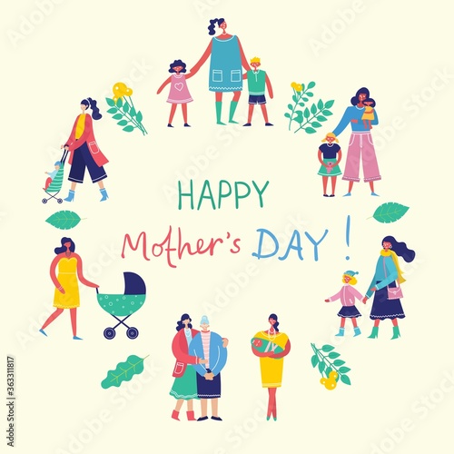 Colorful vector illustration concept of Happy Mother's day . Mothers with the children in the flat design for greeting cards, posters and backgrounds