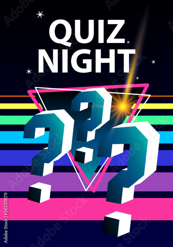 Quiz night background. Vector illustration. Quiz night poster with questions. Modern pub team game. Questions game. Quiz night announcement poster design web banner background vector illustration